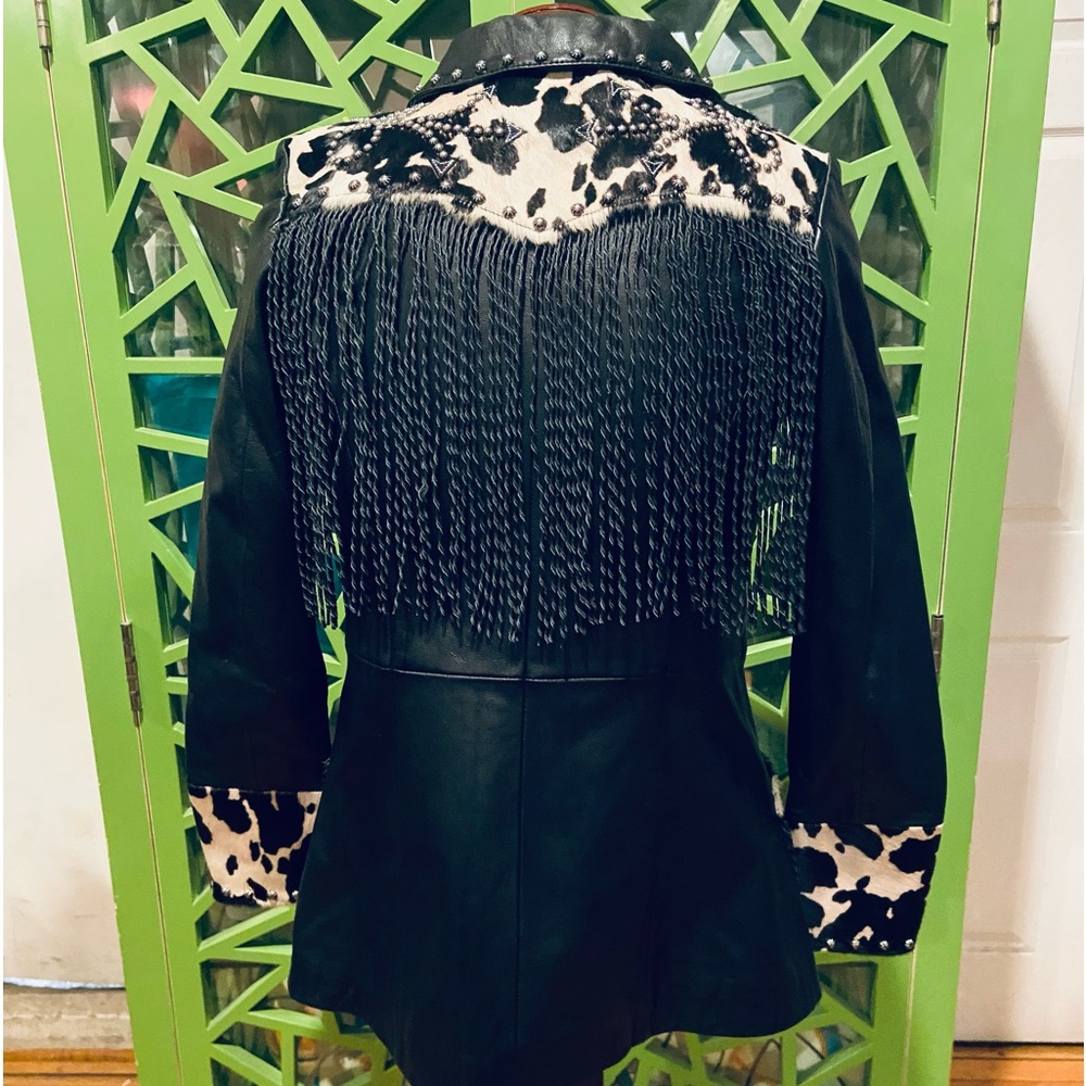 Powder River Outfitters Studded Cow Hide Panels Twisted Fringe Leather Jacket - Picture 10 of 14